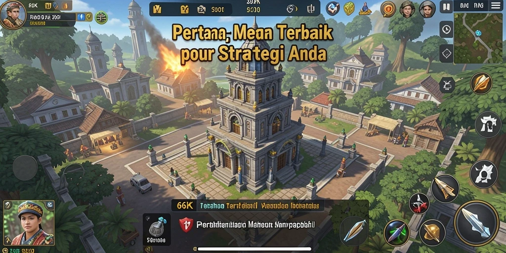 Screenshot gameplay 66K menampilkan menara dan strategi pertempuran yang mendebarkan.