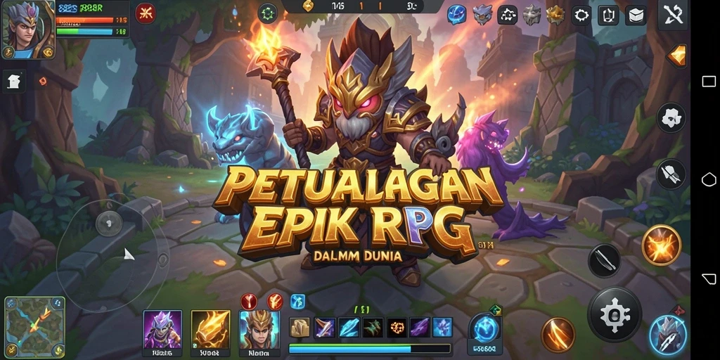Screenshot gameplay RPG menampilkan pertarungan epik di dunia fantasi.