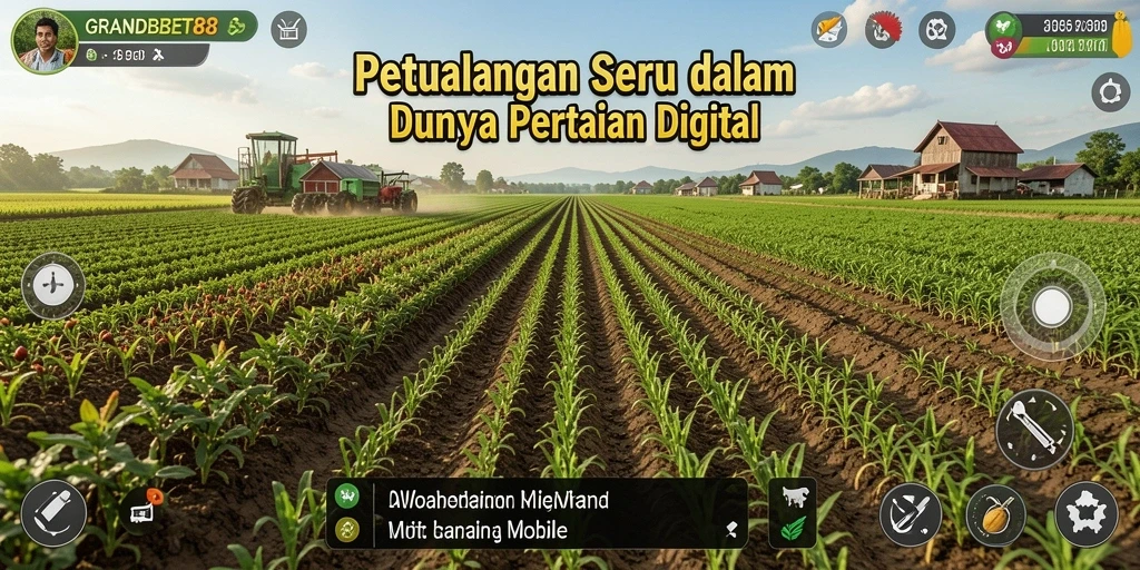Screenshot gameplay <strong>GRANDBET88</strong> menampilkan peternakan yang indah dan aktivitas bercocok tanam.