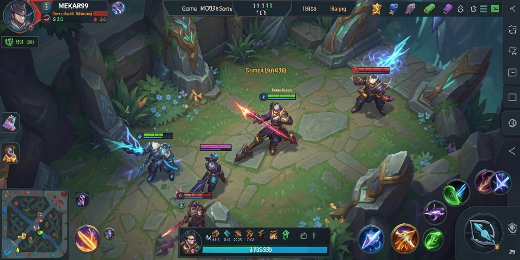 Screenshot gameplay <strong>MEKAR99</strong> menampilkan pertempuran seru antara tim di arena.