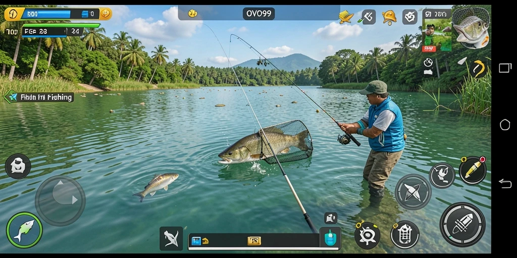 Tampilan gameplay OVO99 dengan momen memancing yang menegangkan.