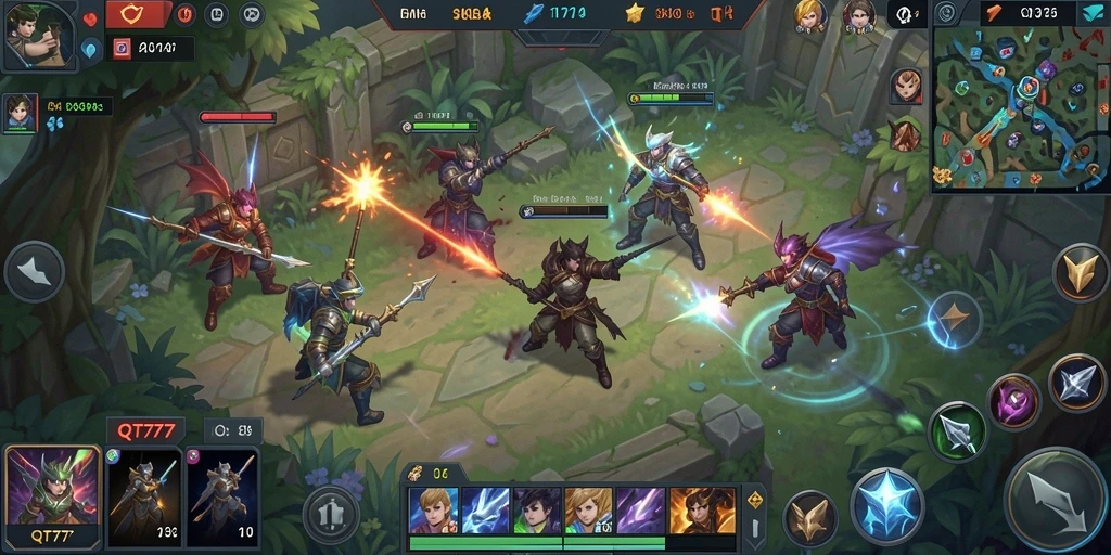 Screenshot utama QT777 menampilkan aksi pertempuran tim yang intens dalam permainan MOBA.