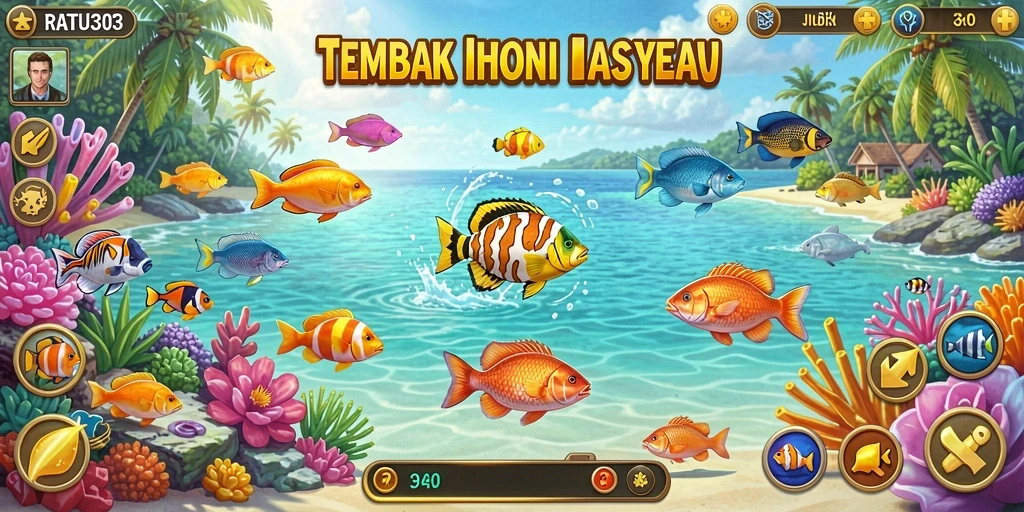 Tampilan gameplay seru dengan aksi menembak ikan.