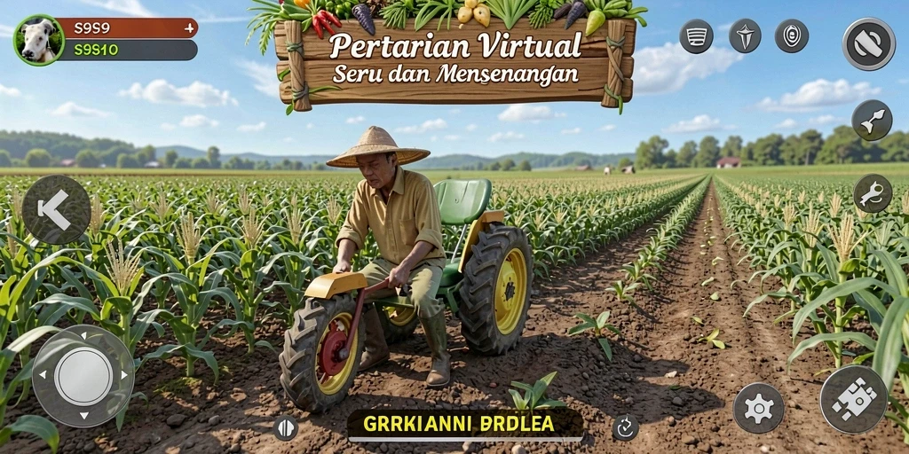 Screenshot S9S9 menampilkan pemain sedang bertani dengan berbagai tanaman.